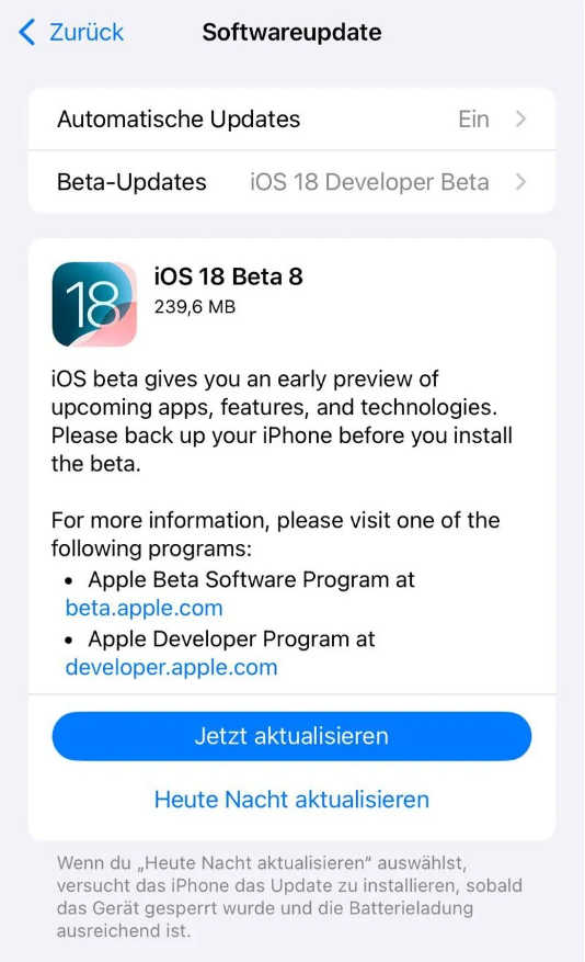 九龙苹果手机维修分享苹果 iOS / iPadOS 18 开发者预览版 Beta 8 发布 